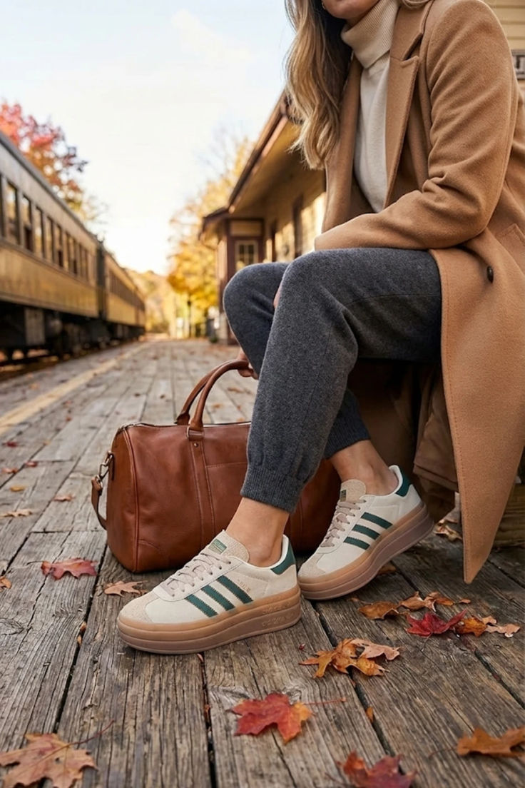 Cream sneakers styled for an autumn day